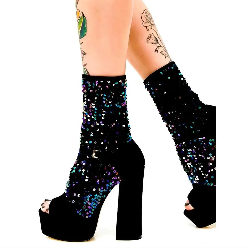 Shelly’s London • Haimi Iridescent Sequin Sock Bootie Platforms